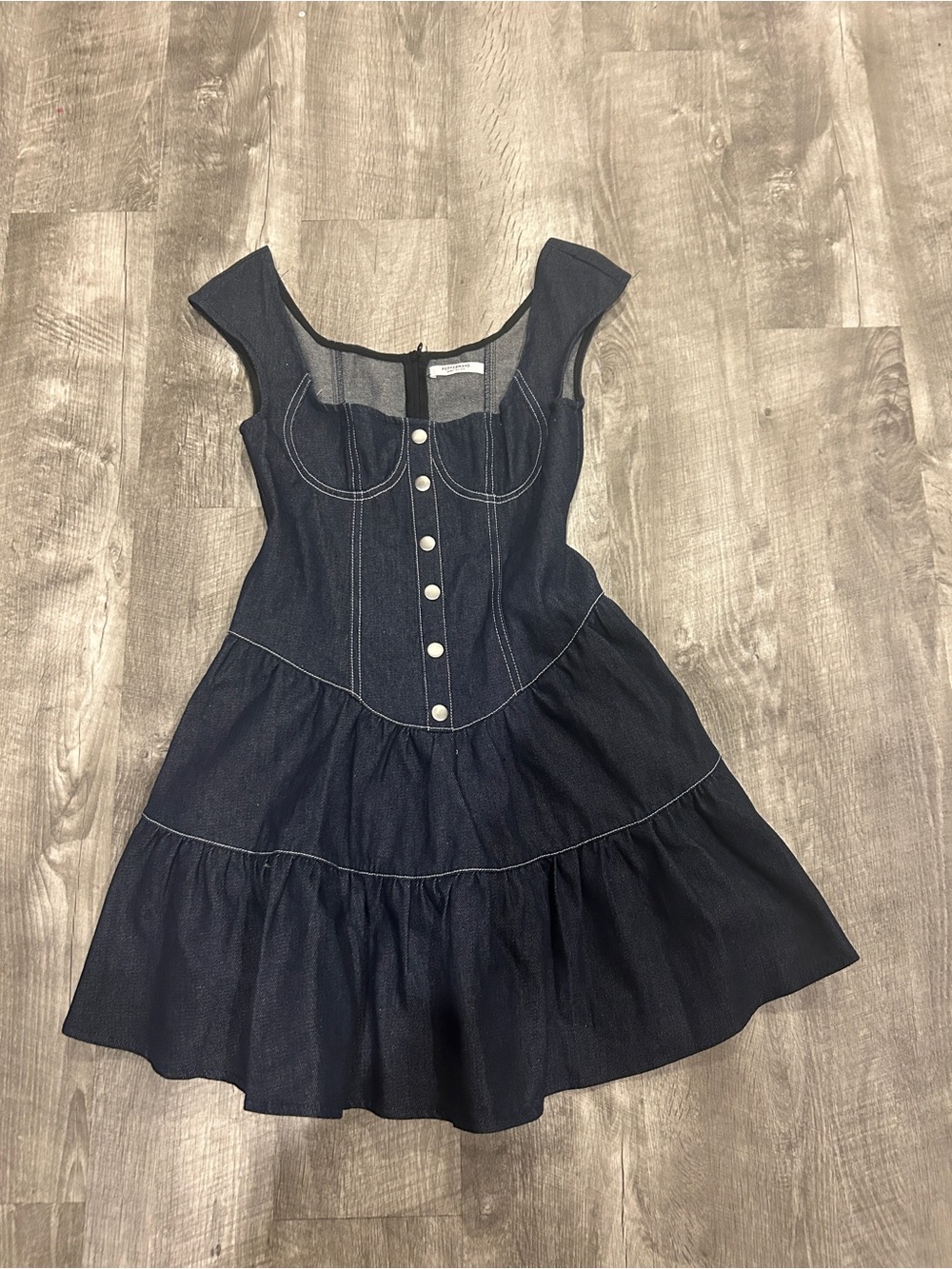 Peppermayo Dark Blue Denim Button-Front Tiered Dress